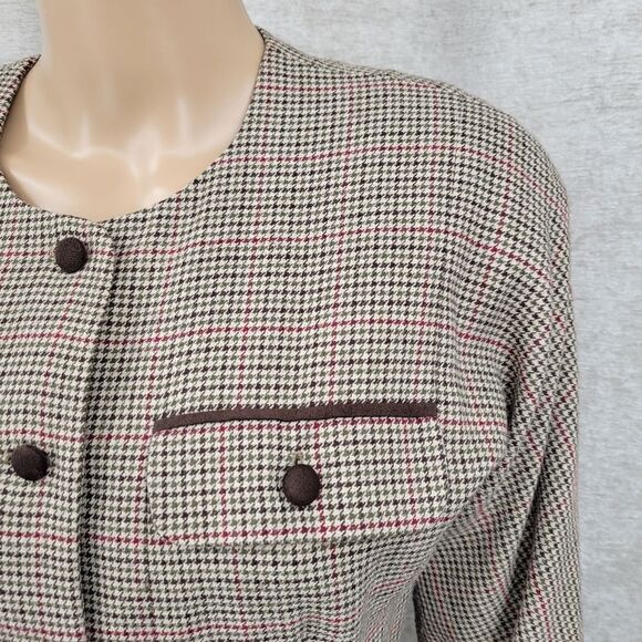 Talbots Vintage Houndstooth Plaid Elegant Brown Belted Button Front Dress - Picture 4 of 15